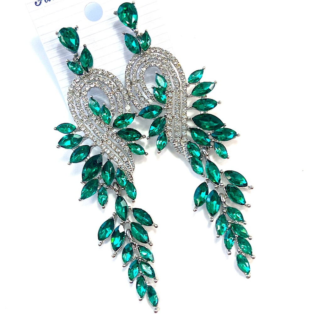 Green Crystal Chandelier Pageant Party Homecoming Holiday  Formal Earrin…